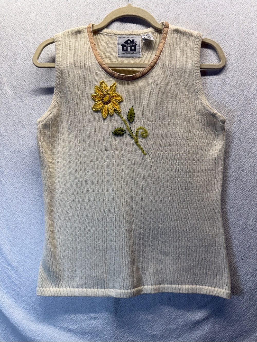 Embroidery Beadwork Storybook Knits Tan Sleeveless Knit Tank with Single Flower
